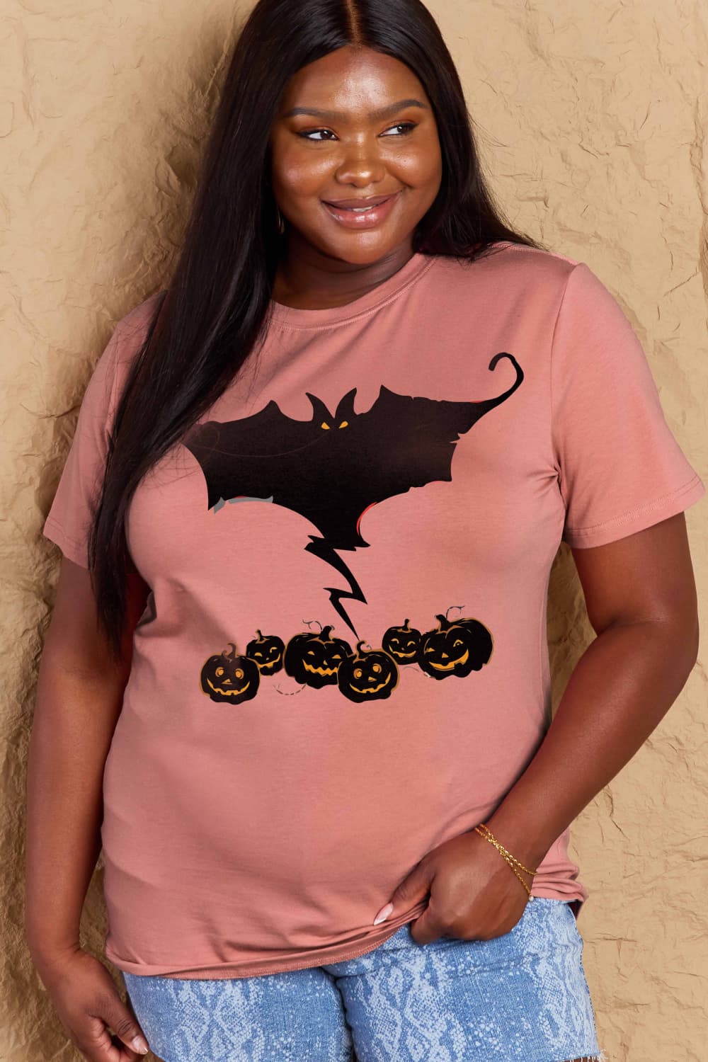 Simply Love Full Size Bat & Pumpkin Graphic Cotton T-Shirt BLUE ZONE PLANET