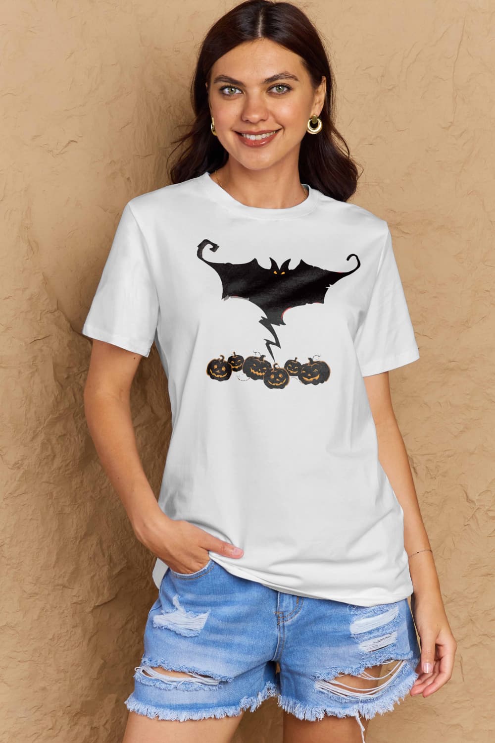 Simply Love Full Size Bat & Pumpkin Graphic Cotton T-Shirt BLUE ZONE PLANET