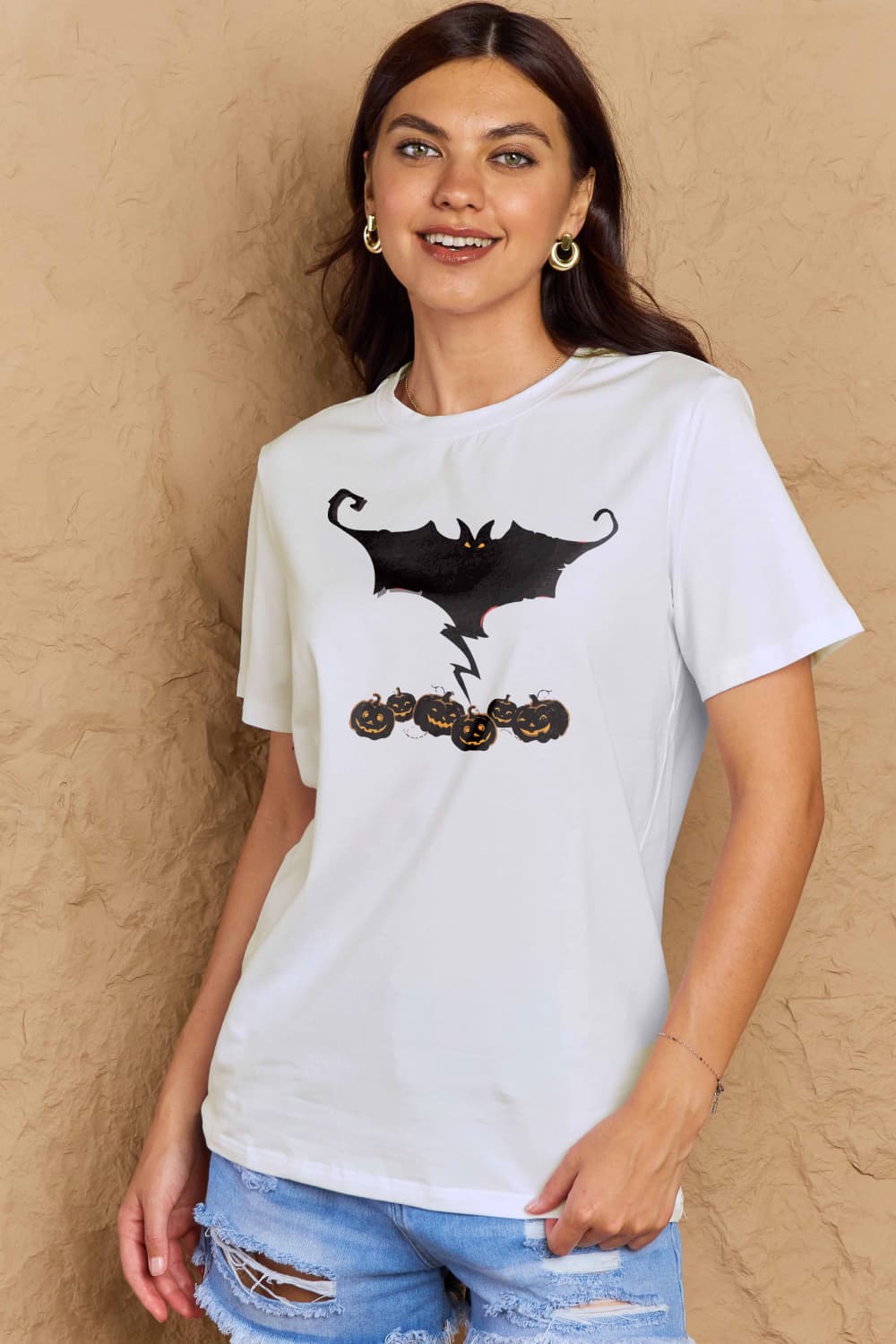 Simply Love Full Size Bat & Pumpkin Graphic Cotton T-Shirt BLUE ZONE PLANET