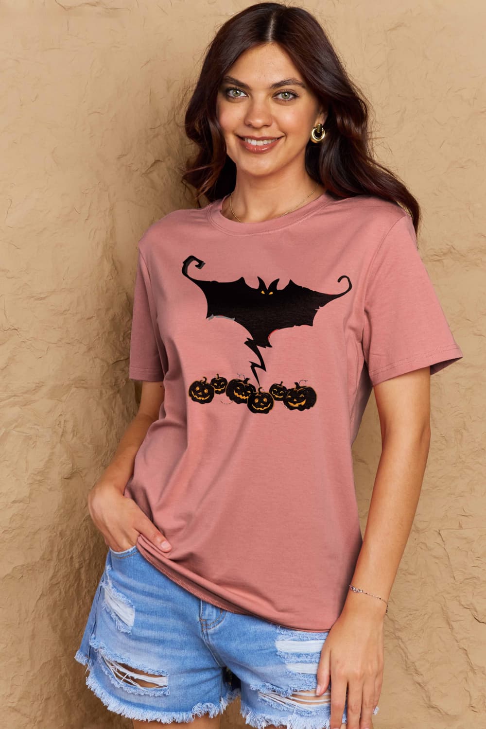 Simply Love Full Size Bat & Pumpkin Graphic Cotton T-Shirt BLUE ZONE PLANET