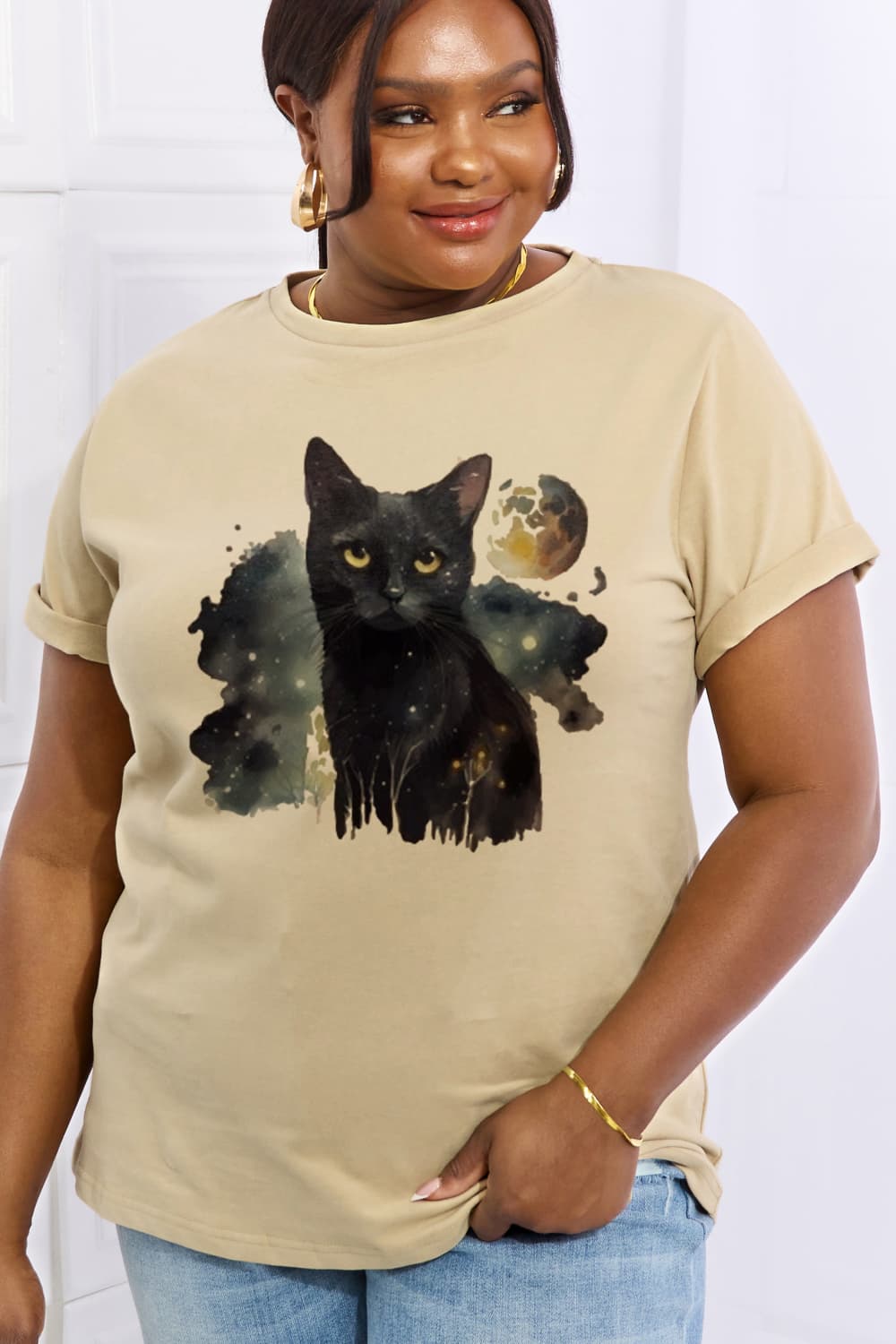 Simply Love Full Size Black Cat Graphic Cotton Tee BLUE ZONE PLANET