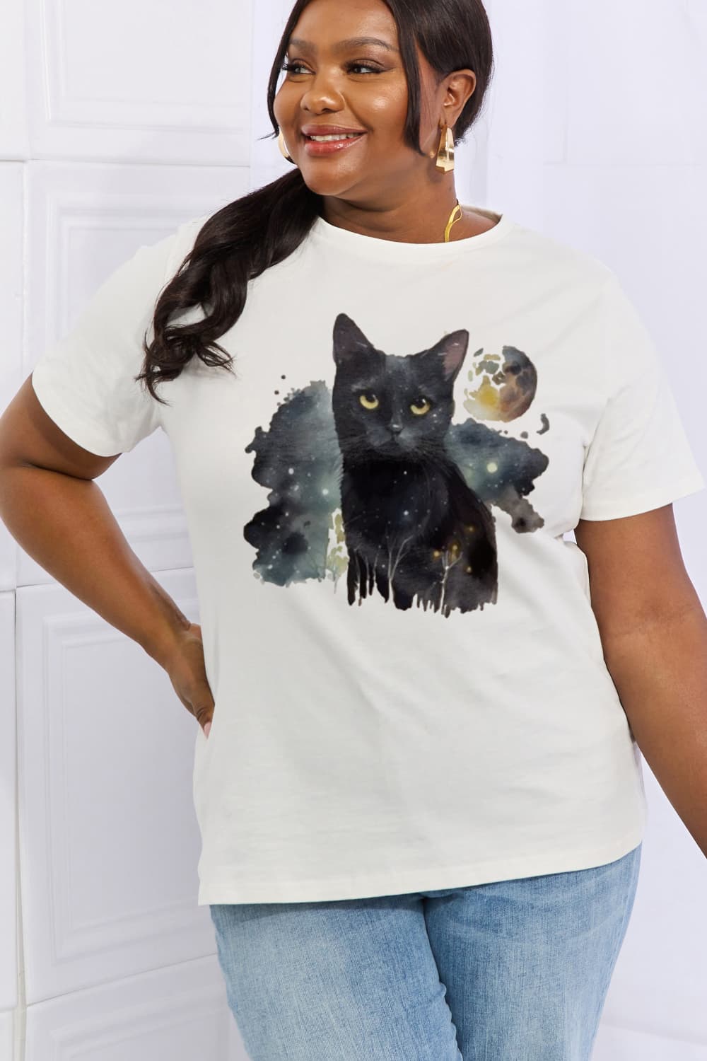 Simply Love Full Size Black Cat Graphic Cotton Tee BLUE ZONE PLANET