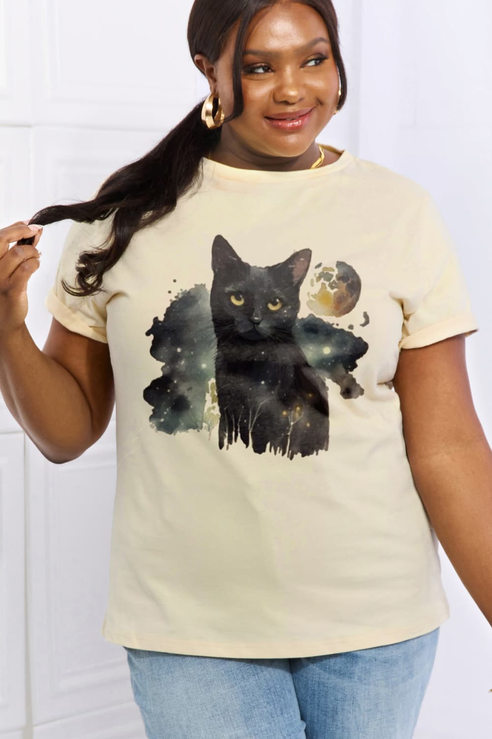 Simply Love Full Size Black Cat Graphic Cotton Tee BLUE ZONE PLANET