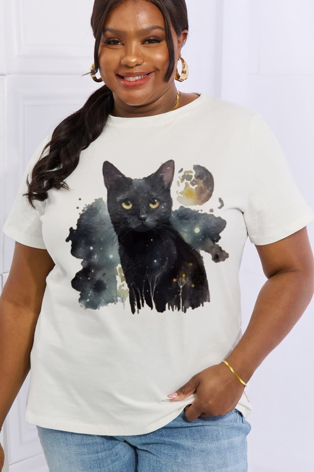 Simply Love Full Size Black Cat Graphic Cotton Tee BLUE ZONE PLANET