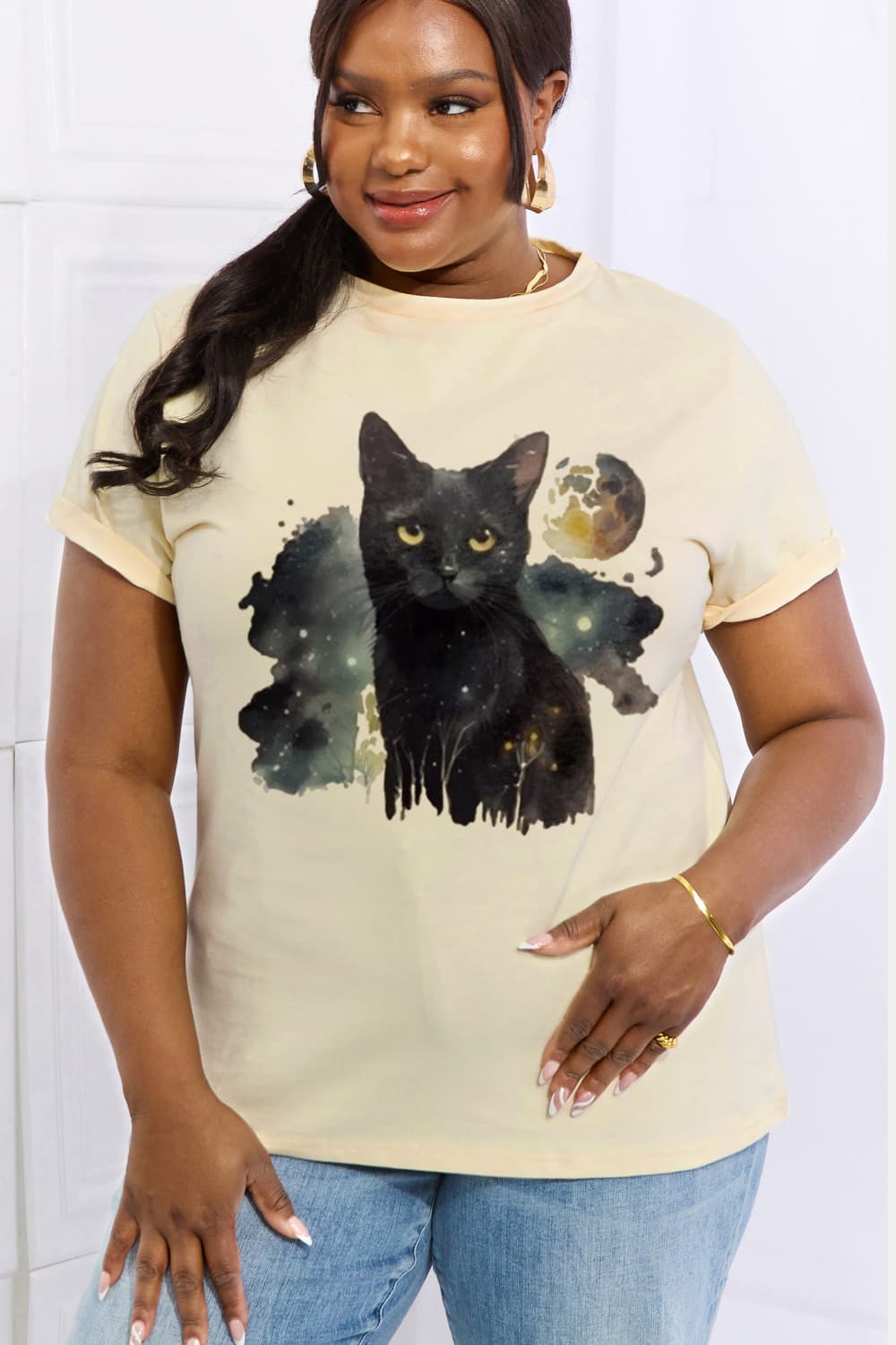 Simply Love Full Size Black Cat Graphic Cotton Tee BLUE ZONE PLANET