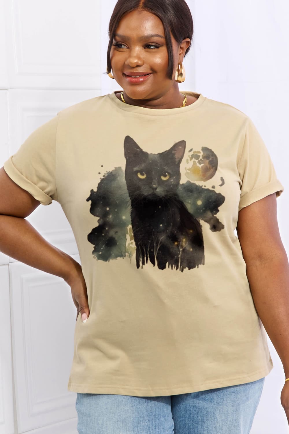 Simply Love Full Size Black Cat Graphic Cotton Tee BLUE ZONE PLANET