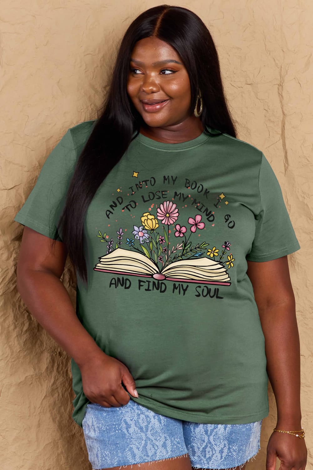 Simply Love Full Size Book & Flower Graphic Cotton Tee BLUE ZONE PLANET