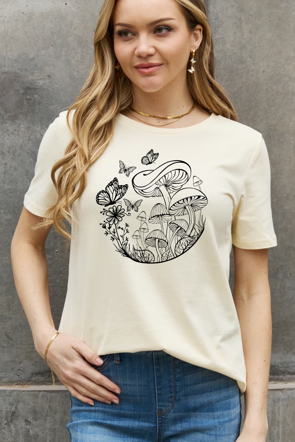 Simply Love Full Size Butterfly & Mushroom Graphic Cotton Tee BLUE ZONE PLANET