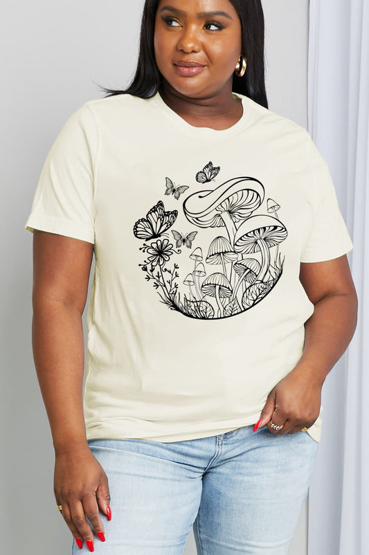 Simply Love Full Size Butterfly & Mushroom Graphic Cotton Tee BLUE ZONE PLANET