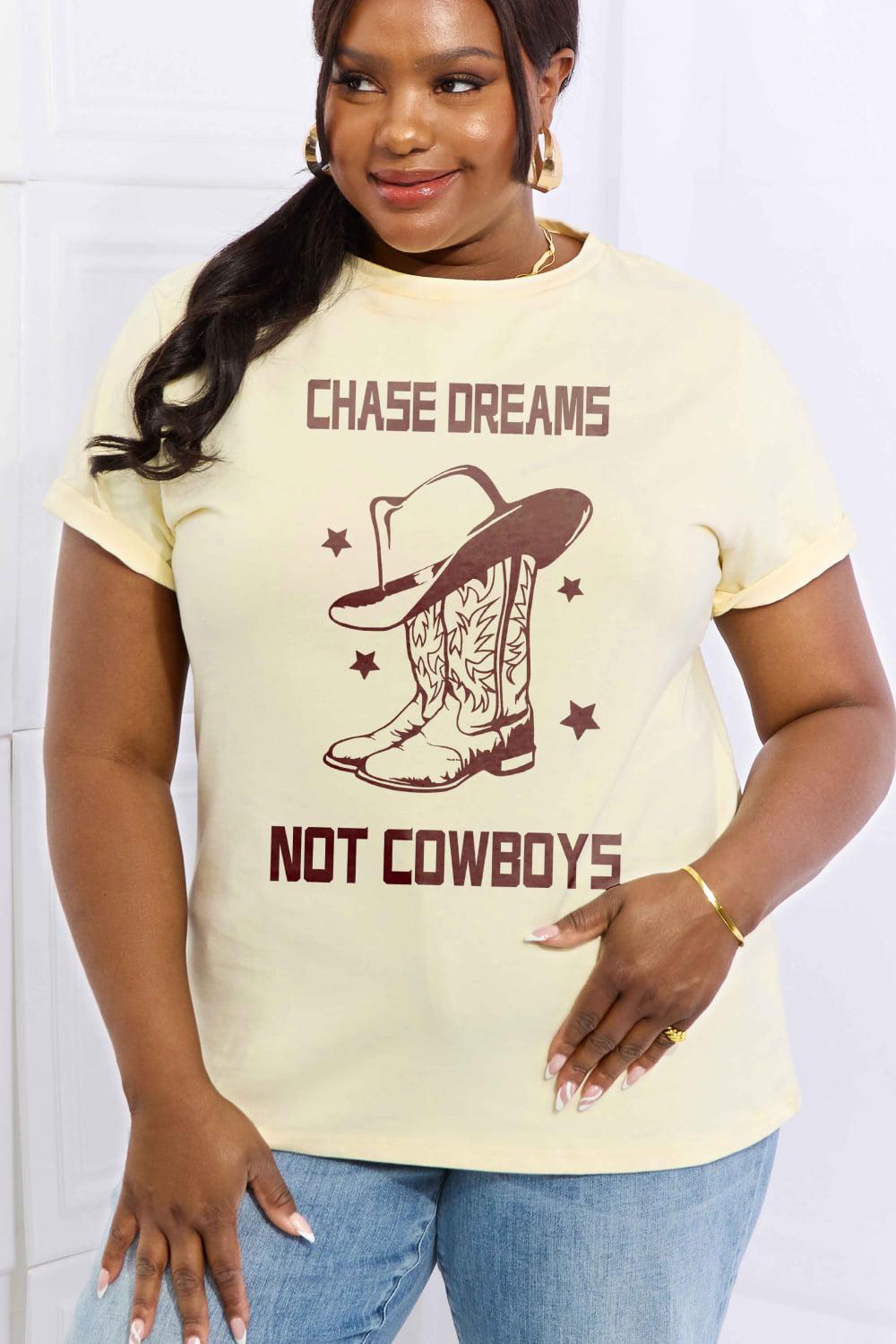 Simply Love Full Size CHASE DREAMS NOT COWBOYS Graphic Cotton Tee BLUE ZONE PLANET