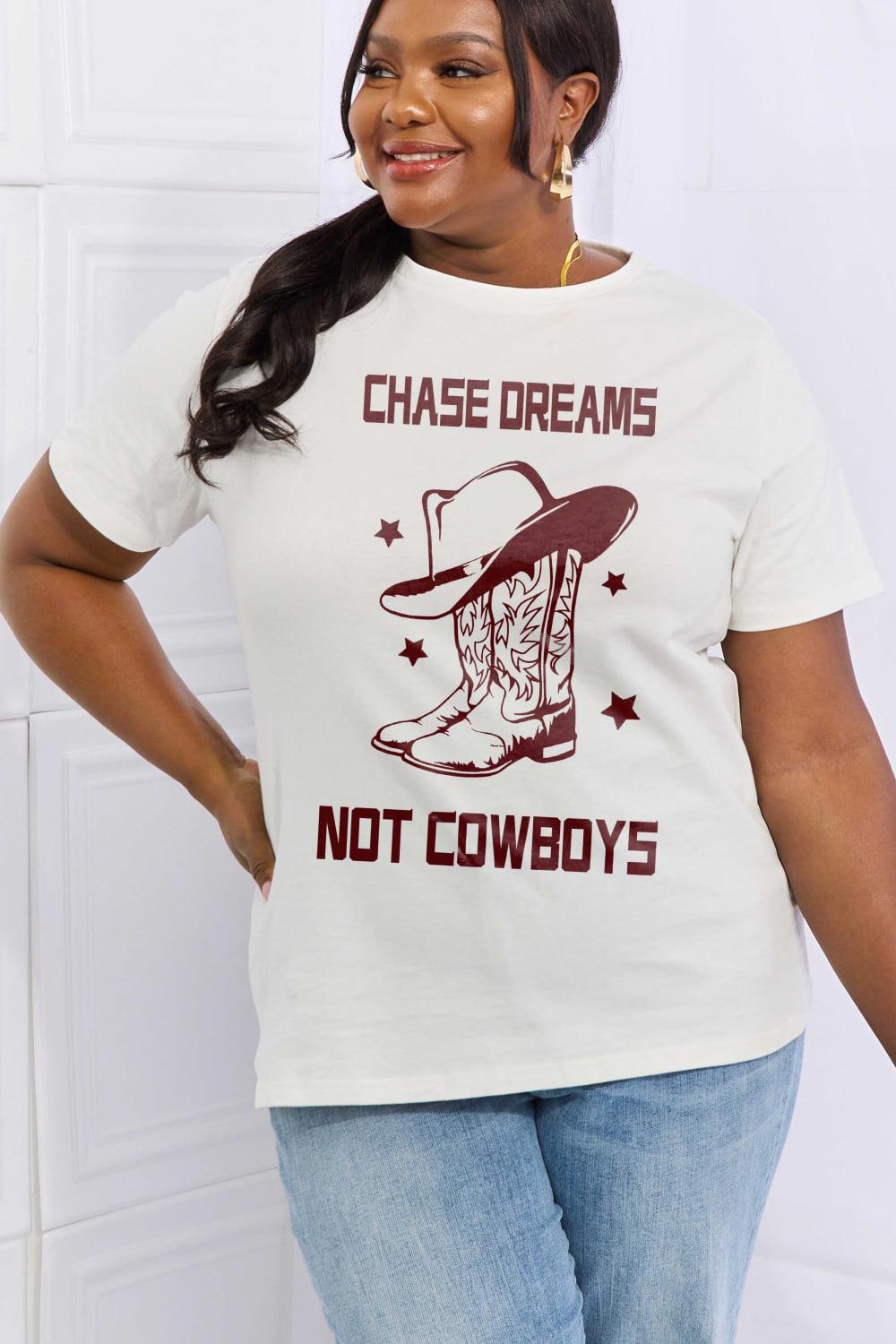 Simply Love Full Size CHASE DREAMS NOT COWBOYS Graphic Cotton Tee BLUE ZONE PLANET