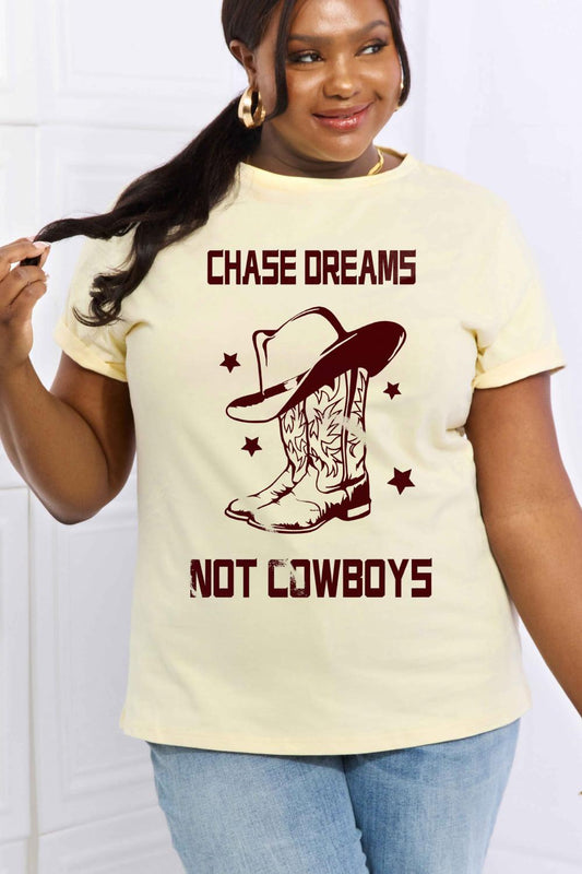 Simply Love Full Size CHASE DREAMS NOT COWBOYS Graphic Cotton Tee BLUE ZONE PLANET