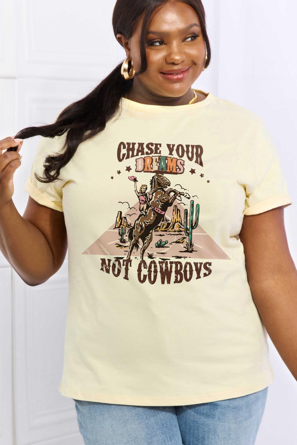 Simply Love Full Size CHASE YOUR DREAMS NOT COWBOYS Graphic Cotton Tee BLUE ZONE PLANET