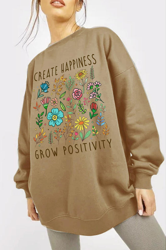 Simply Love Full Size CREATE HAPPINESS  GROW POSITIVITY Graphic Sweatshirt BLUE ZONE PLANET