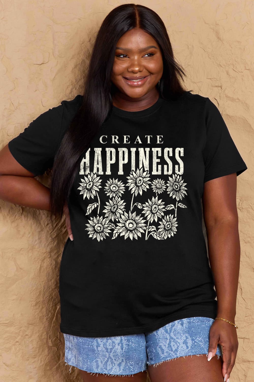 Simply Love Full Size CREATE HAPPINESS Graphic Cotton T-Shirt BLUE ZONE PLANET