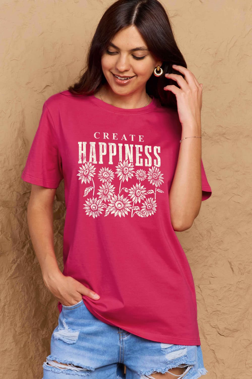 Simply Love Full Size CREATE HAPPINESS Graphic Cotton T-Shirt BLUE ZONE PLANET