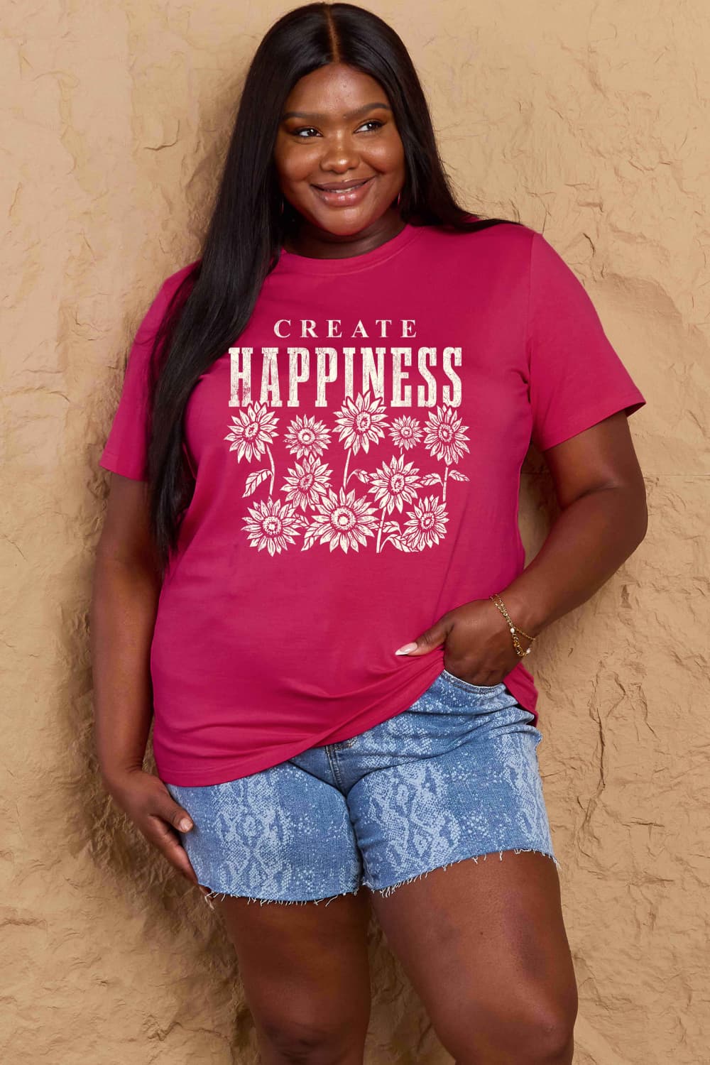 Simply Love Full Size CREATE HAPPINESS Graphic Cotton T-Shirt BLUE ZONE PLANET