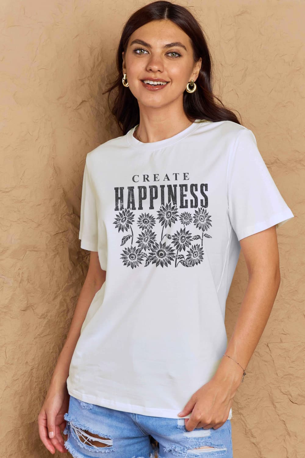 Simply Love Full Size CREATE HAPPINESS Graphic Cotton T-Shirt BLUE ZONE PLANET