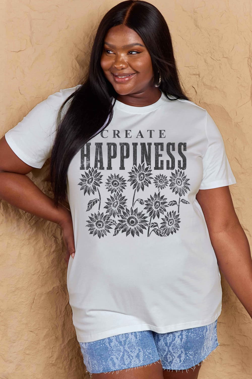 Simply Love Full Size CREATE HAPPINESS Graphic Cotton T-Shirt BLUE ZONE PLANET