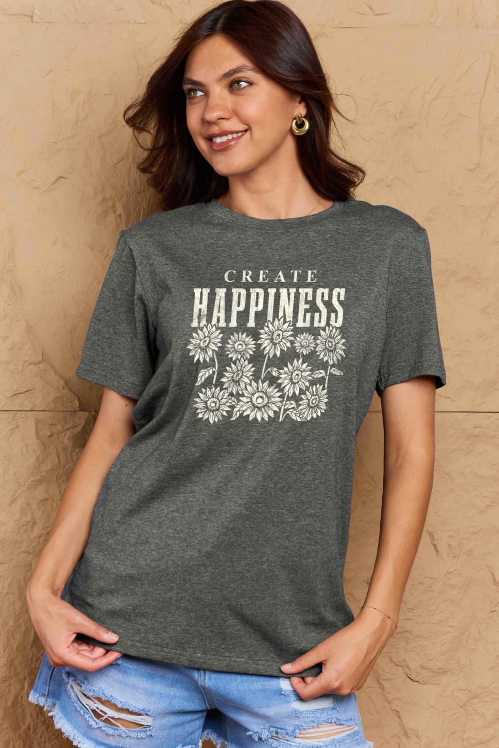 Simply Love Full Size CREATE HAPPINESS Graphic Cotton T-Shirt BLUE ZONE PLANET