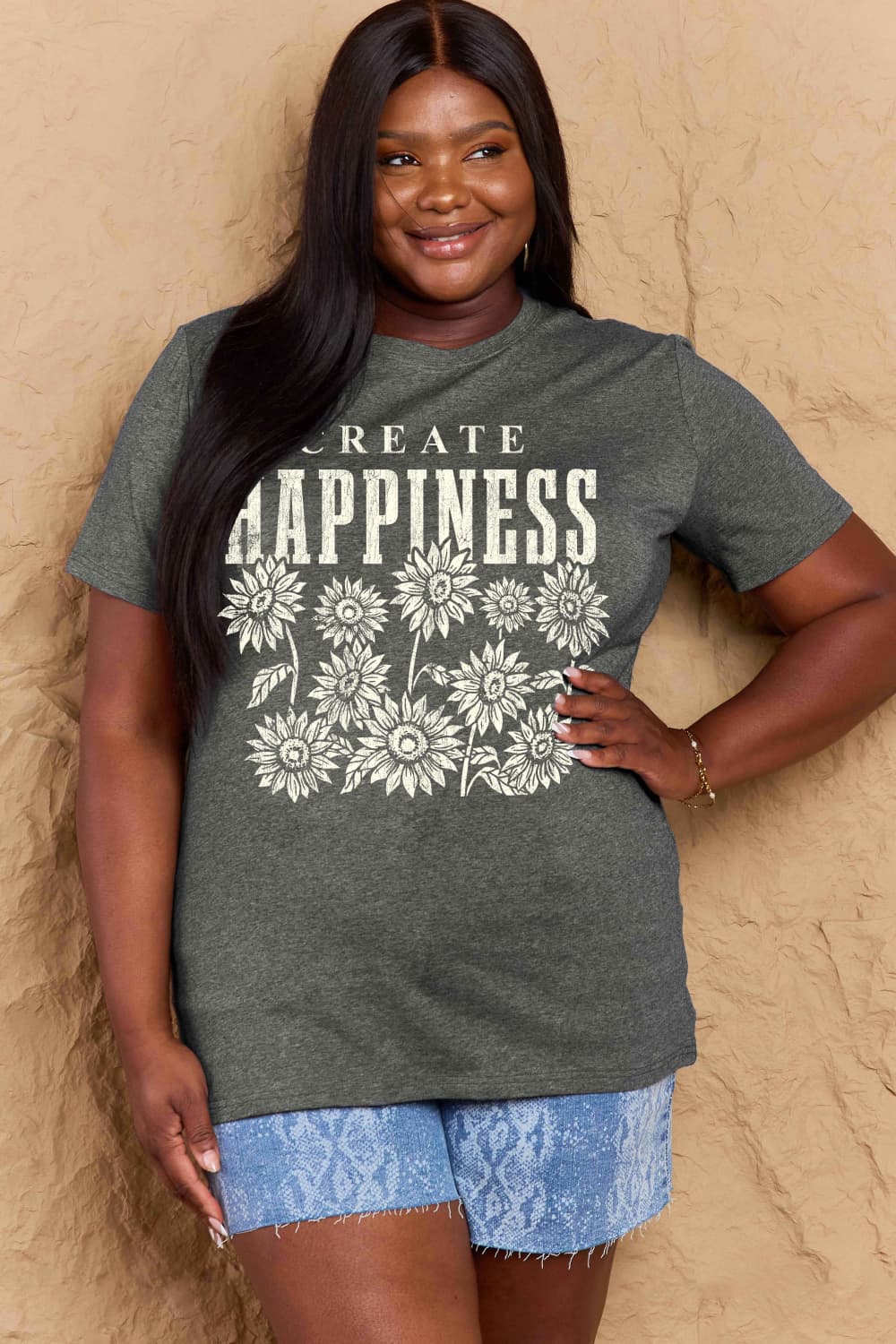 Simply Love Full Size CREATE HAPPINESS Graphic Cotton T-Shirt BLUE ZONE PLANET