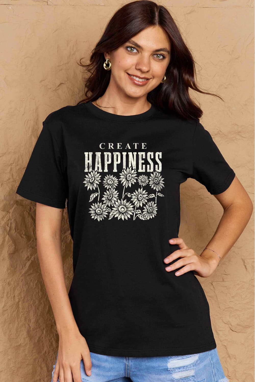 Simply Love Full Size CREATE HAPPINESS Graphic Cotton T-Shirt BLUE ZONE PLANET