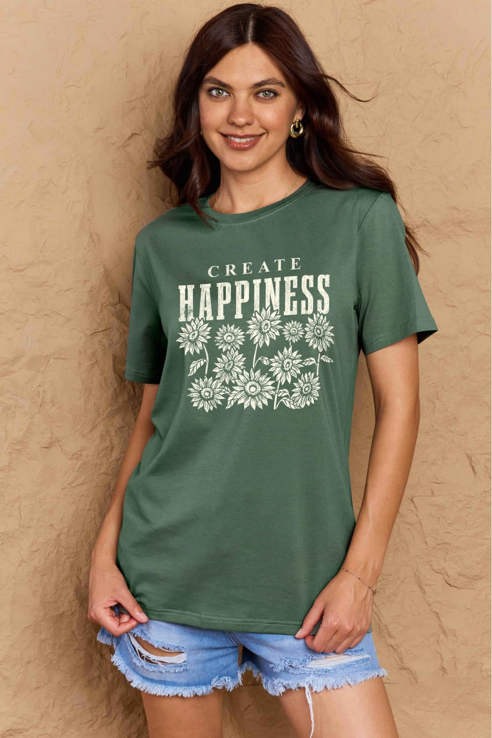 Simply Love Full Size CREATE HAPPINESS Graphic Cotton T-Shirt BLUE ZONE PLANET