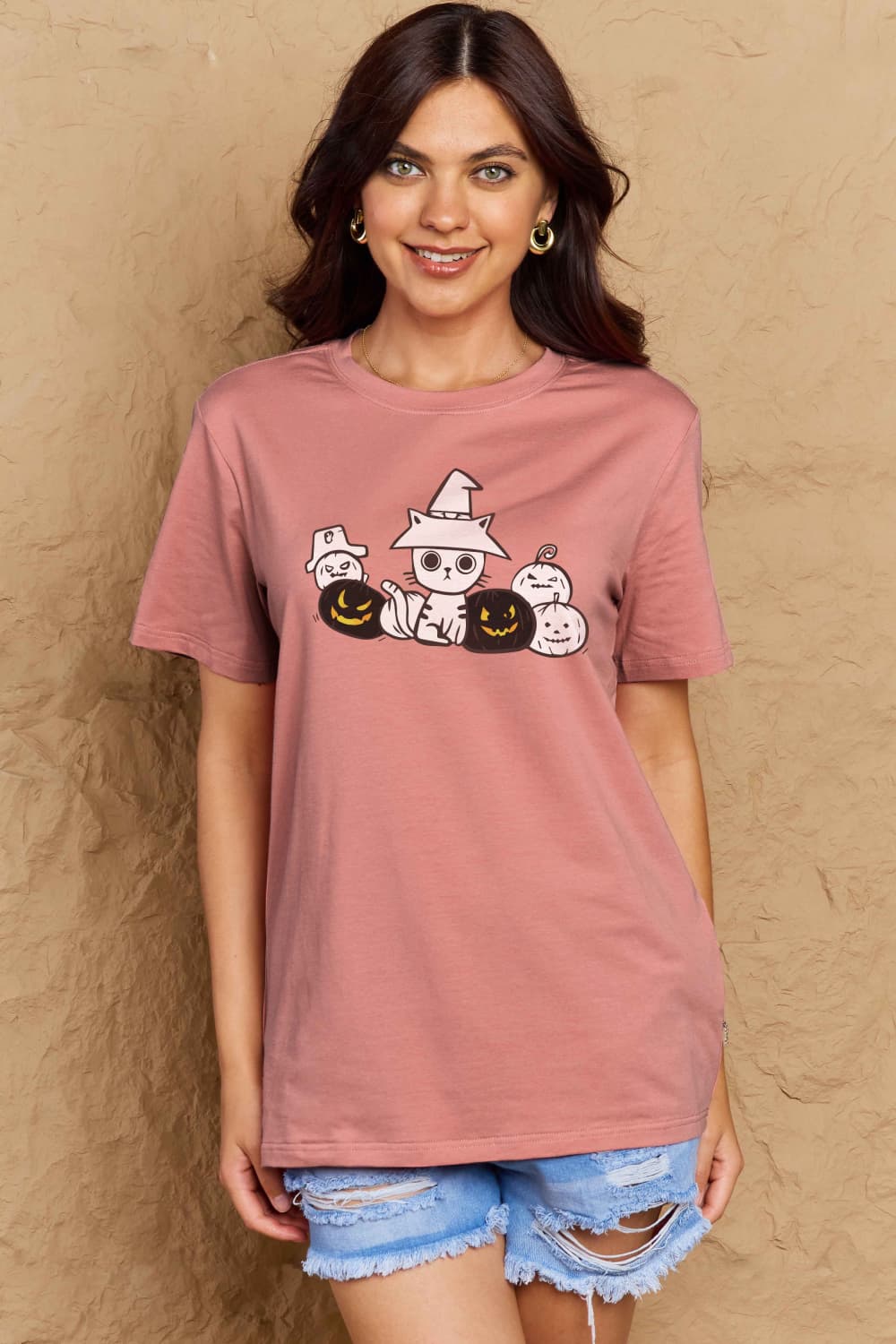 Simply Love Full Size Cat & Pumpkin Graphic Cotton T-Shirt BLUE ZONE PLANET