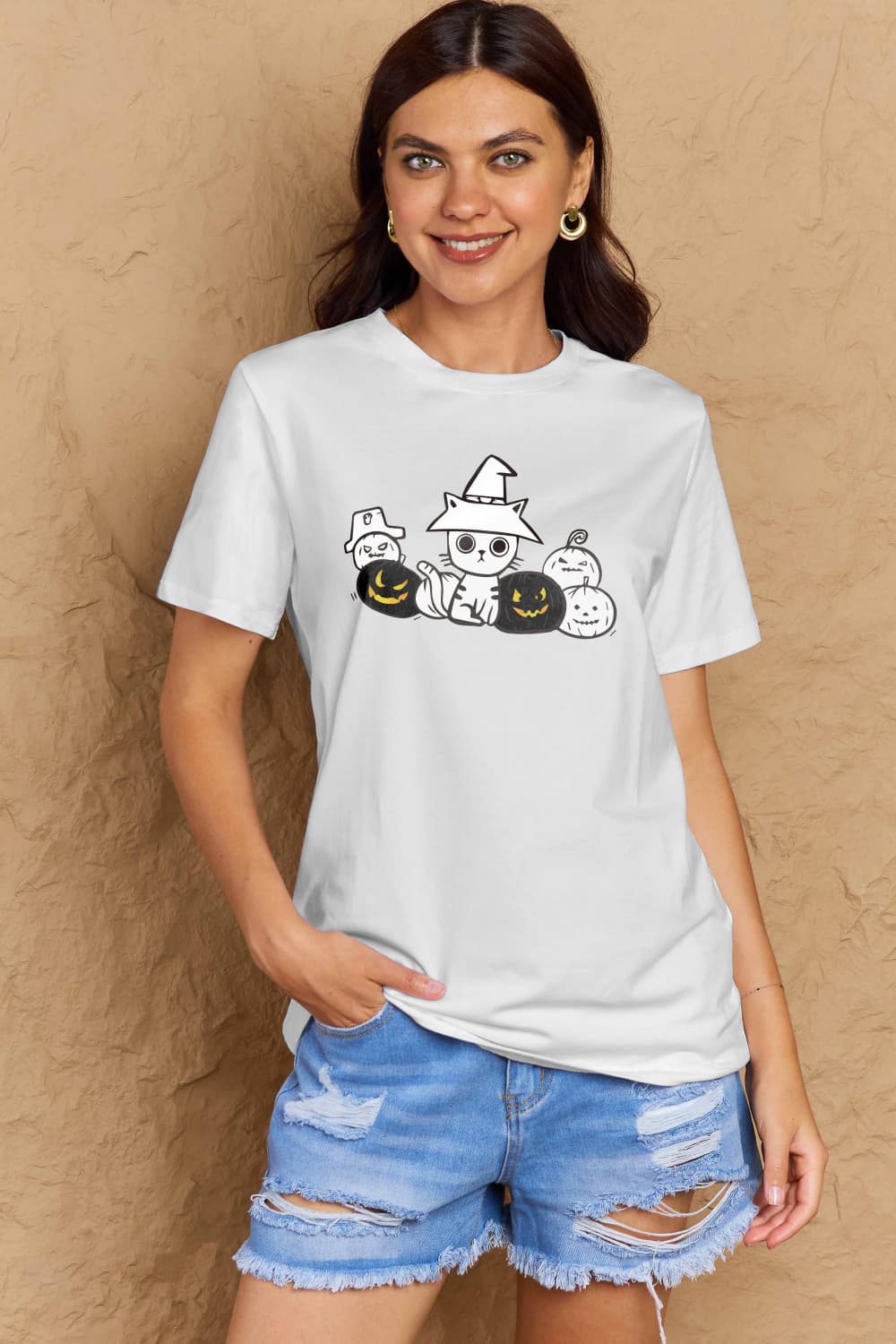 Simply Love Full Size Cat & Pumpkin Graphic Cotton T-Shirt BLUE ZONE PLANET