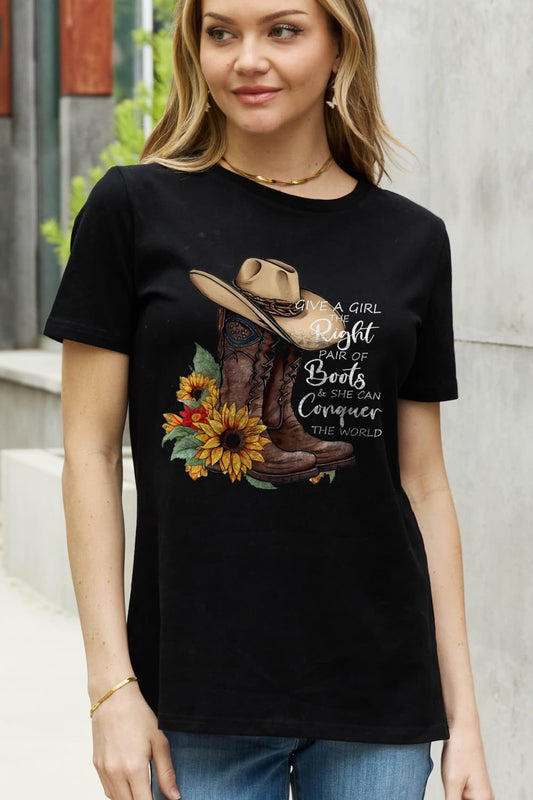 Simply Love Full Size Cowboy Hat & Boots Graphic Cotton Tee-TOPS / DRESSES-[Adult]-[Female]-2022 Online Blue Zone Planet