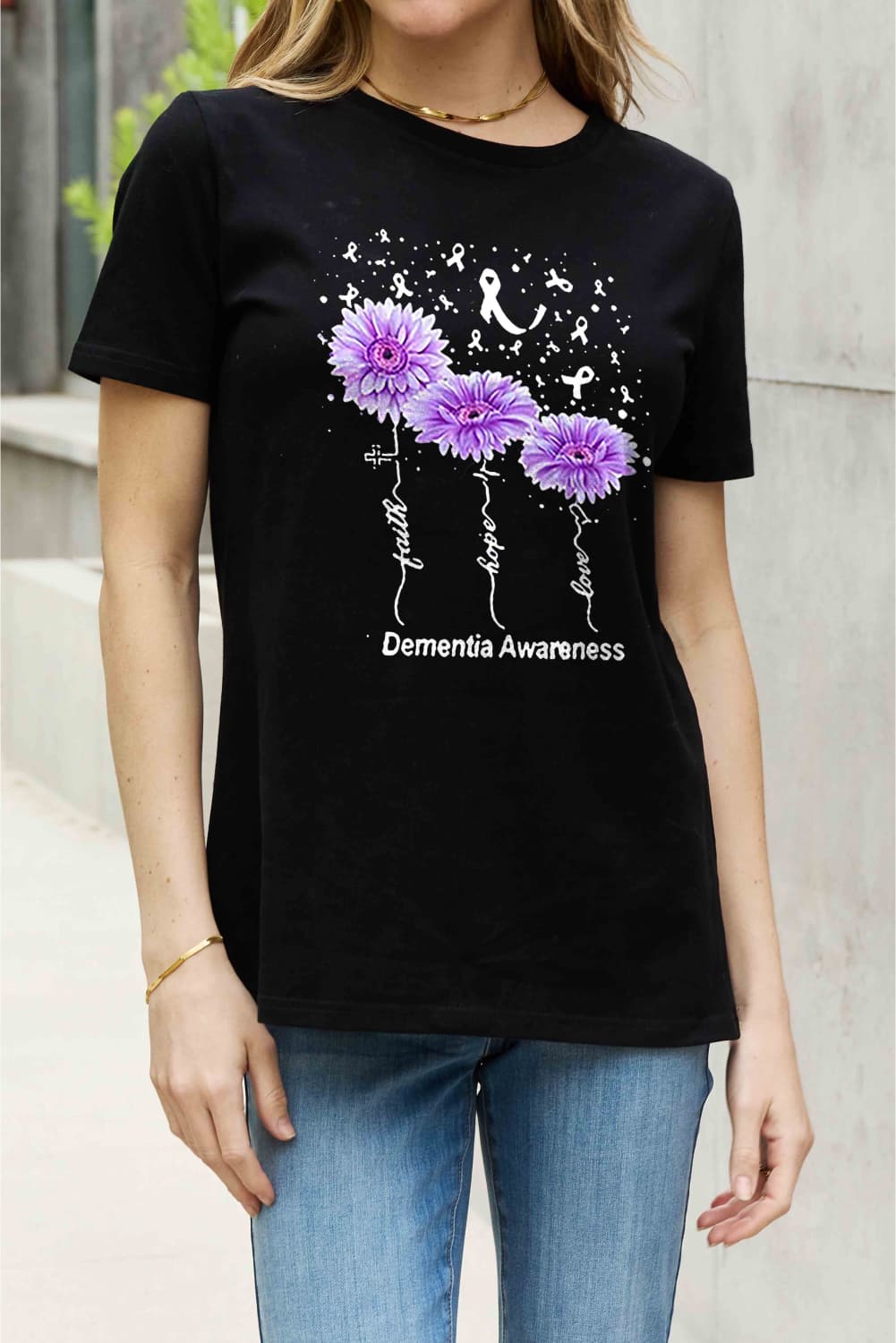 Simply Love Full Size DEMENTIA AWARENESS Graphic Cotton Tee BLUE ZONE PLANET