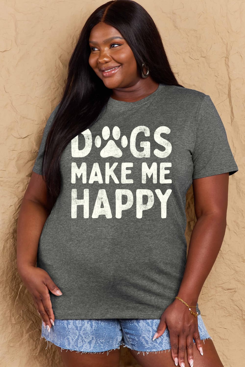 Simply Love Full Size DOGS MAKE ME HAPPY Graphic Cotton T-Shirt BLUE ZONE PLANET