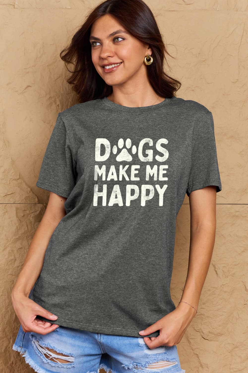 Simply Love Full Size DOGS MAKE ME HAPPY Graphic Cotton T-Shirt BLUE ZONE PLANET