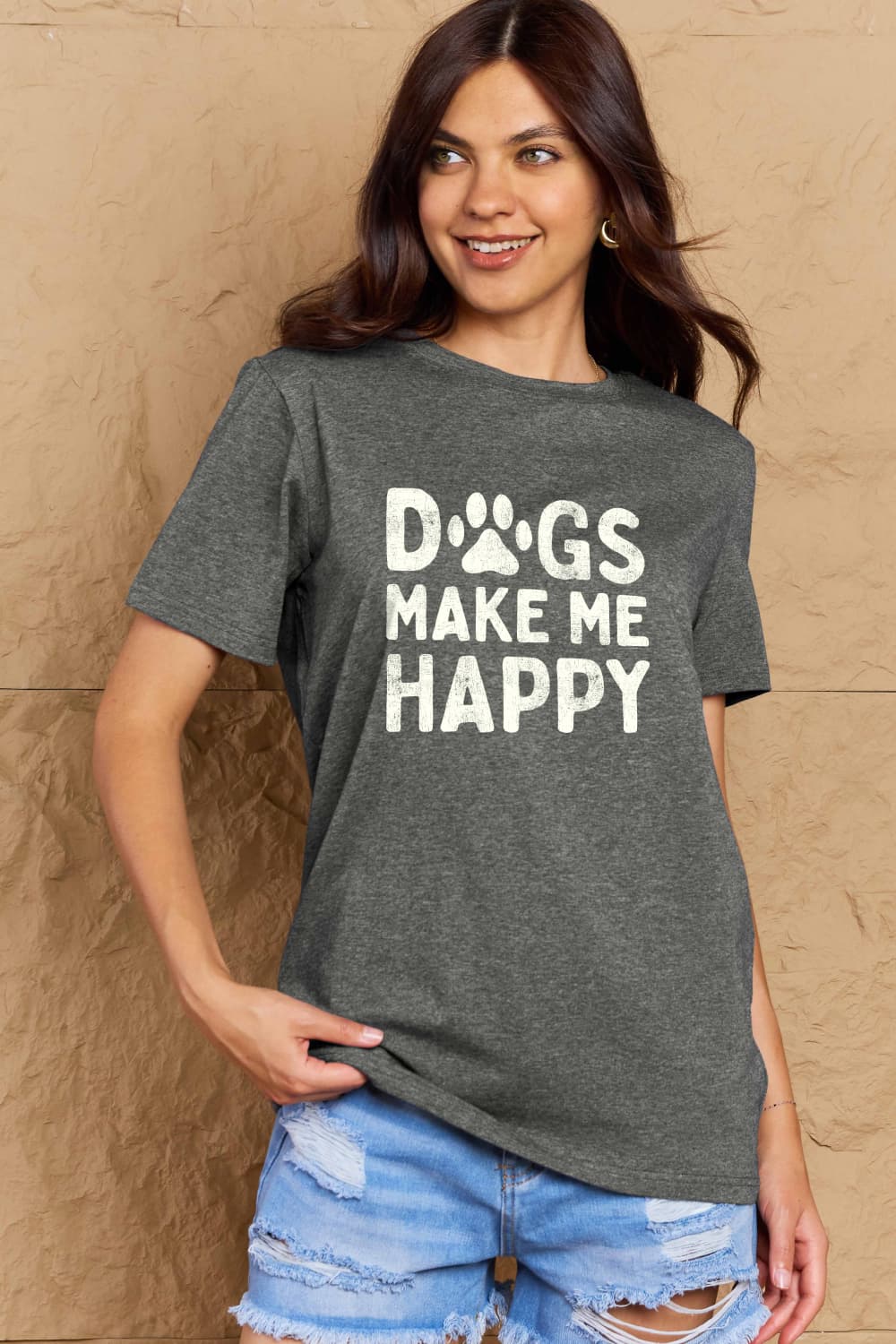 Simply Love Full Size DOGS MAKE ME HAPPY Graphic Cotton T-Shirt BLUE ZONE PLANET