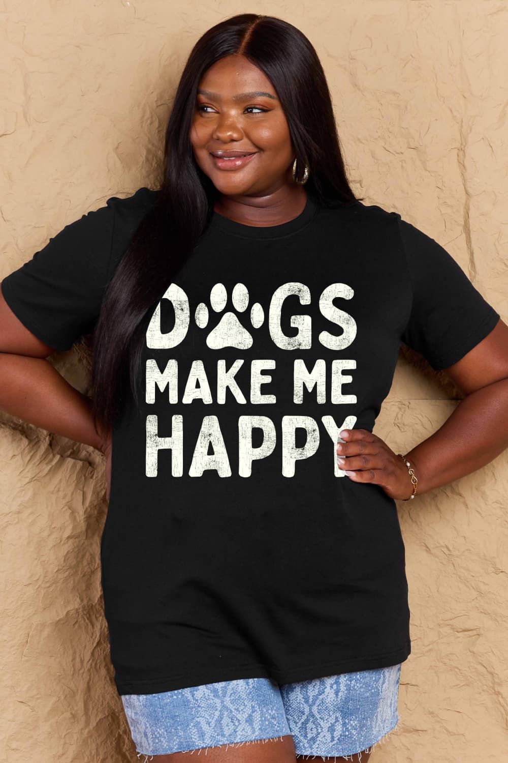 Simply Love Full Size DOGS MAKE ME HAPPY Graphic Cotton T-Shirt BLUE ZONE PLANET