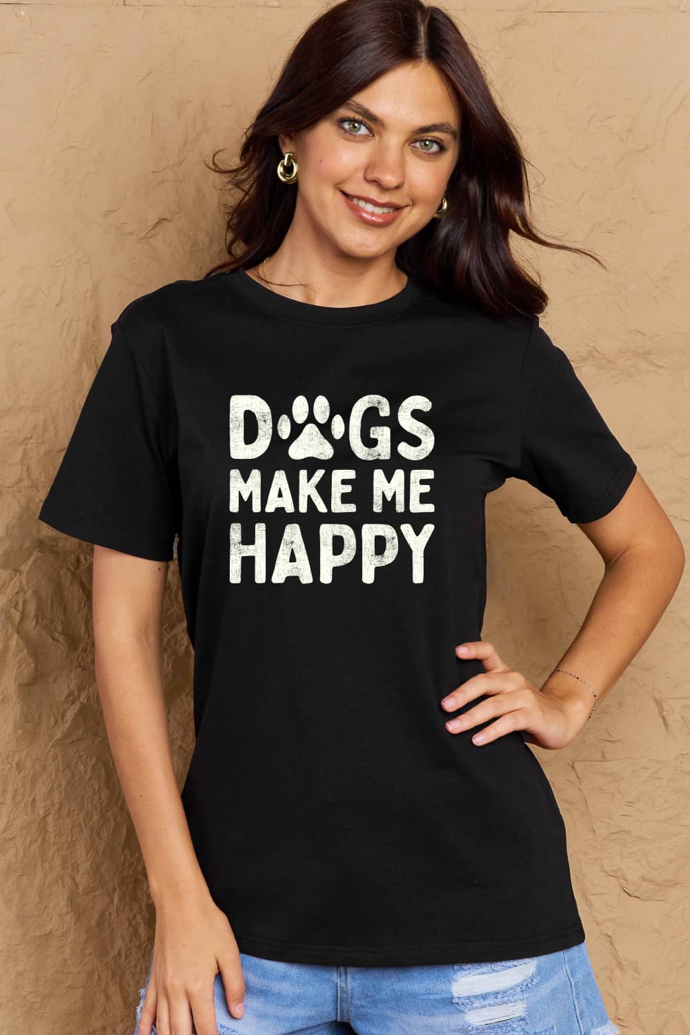 Simply Love Full Size DOGS MAKE ME HAPPY Graphic Cotton T-Shirt BLUE ZONE PLANET