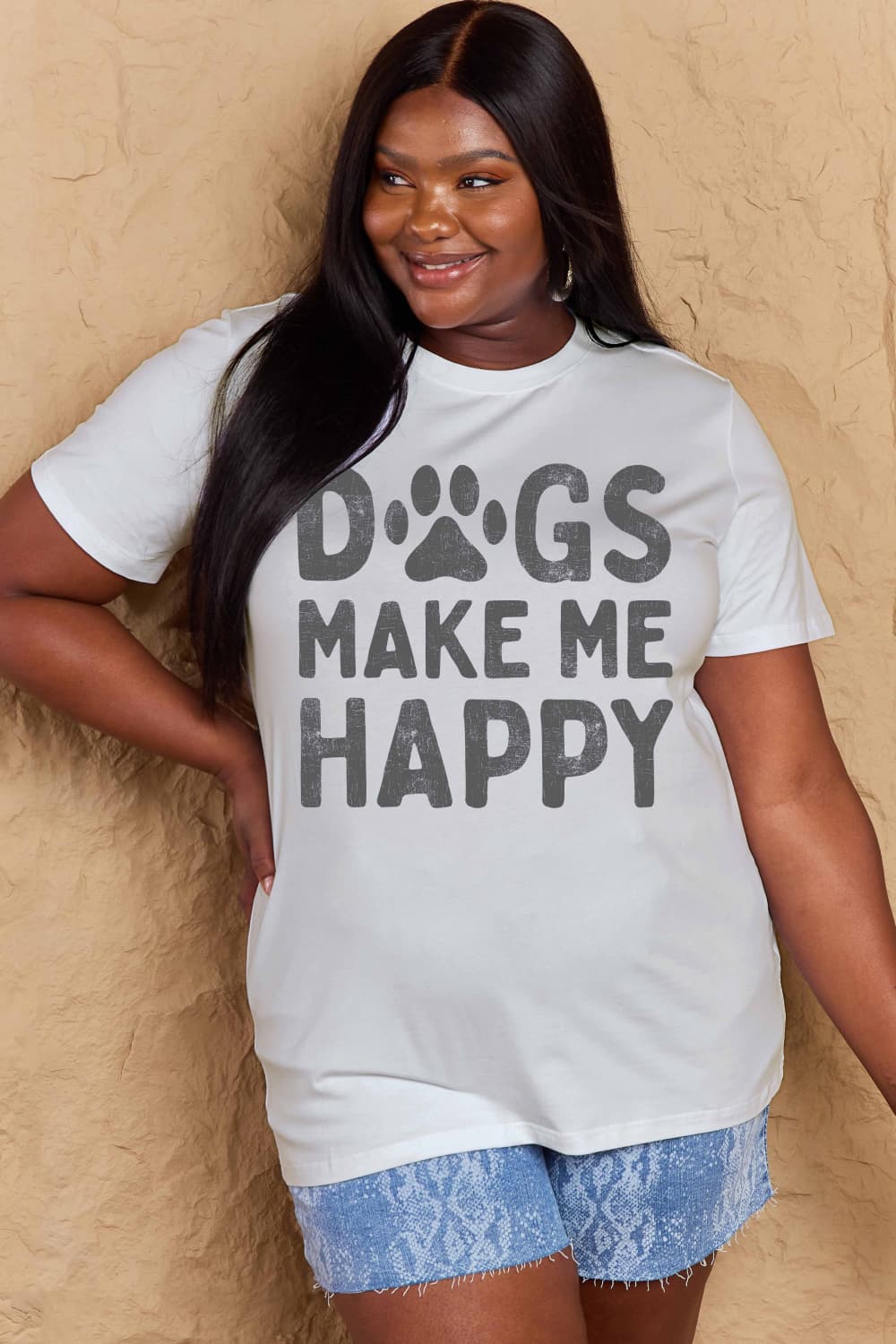 Simply Love Full Size DOGS MAKE ME HAPPY Graphic Cotton T-Shirt BLUE ZONE PLANET