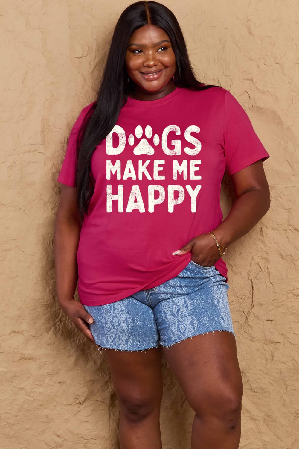 Simply Love Full Size DOGS MAKE ME HAPPY Graphic Cotton T-Shirt BLUE ZONE PLANET