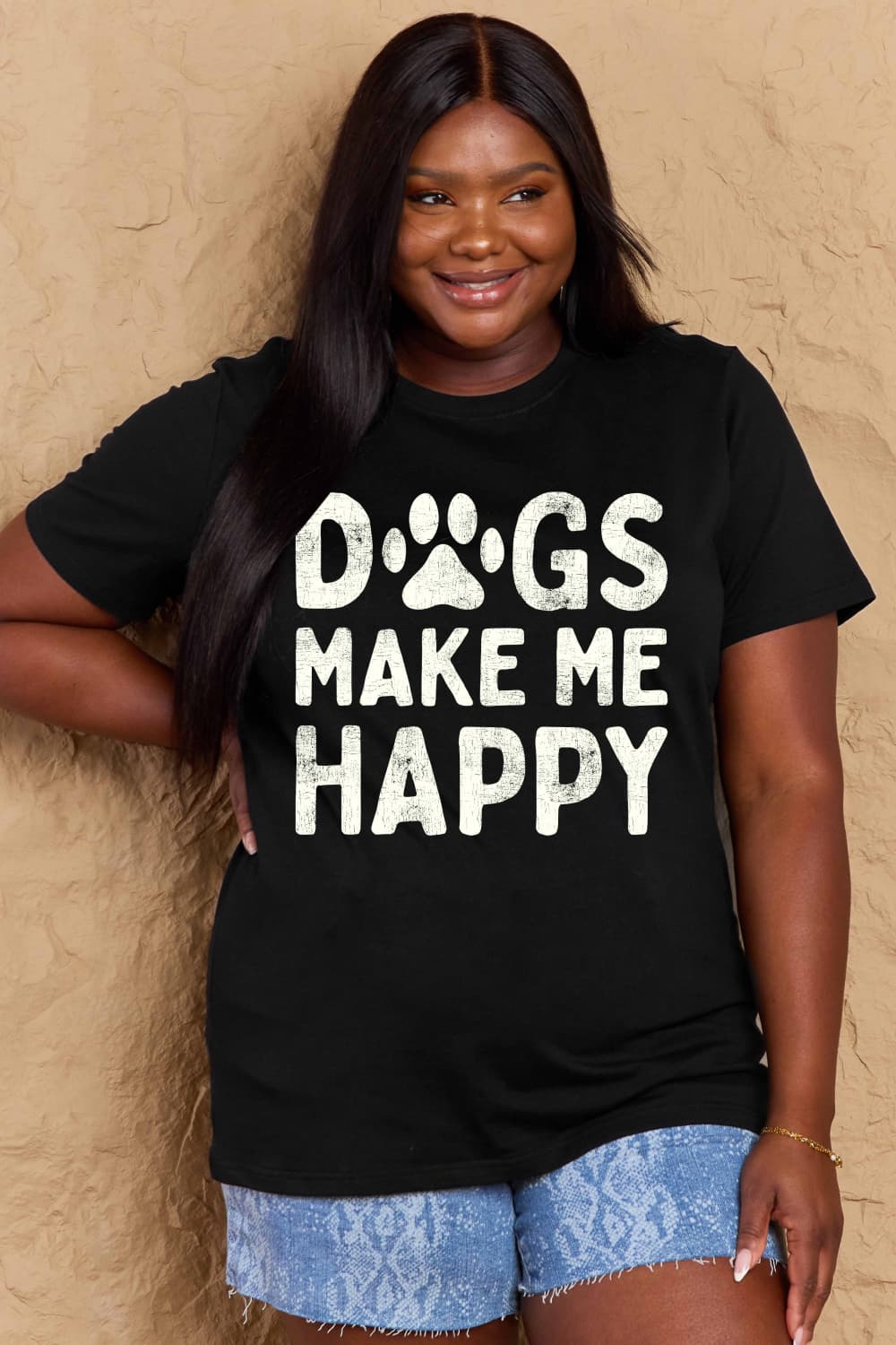 Simply Love Full Size DOGS MAKE ME HAPPY Graphic Cotton T-Shirt BLUE ZONE PLANET