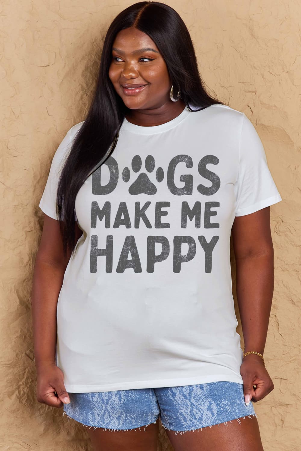 Simply Love Full Size DOGS MAKE ME HAPPY Graphic Cotton T-Shirt BLUE ZONE PLANET