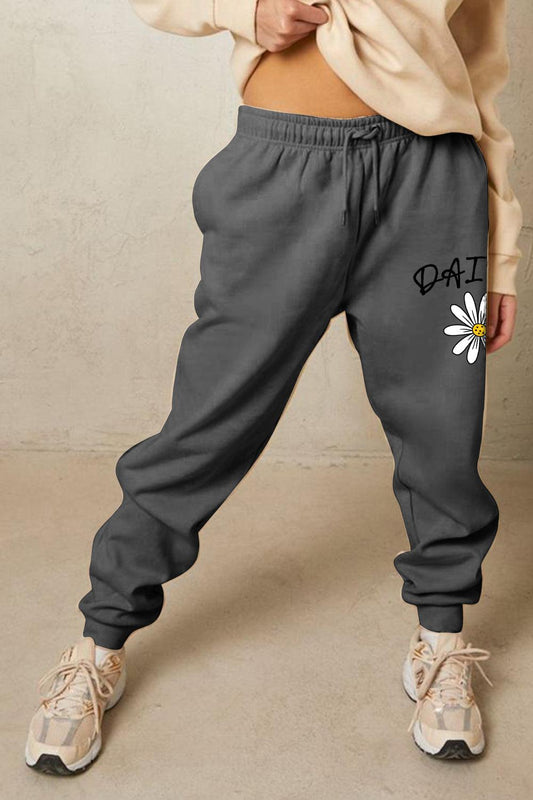 Simply Love Full Size Drawstring DAISY Graphic Long Sweatpants-BOTTOMS SIZES SMALL MEDIUM LARGE-[Adult]-[Female]-Charcoal-S-2022 Online Blue Zone Planet