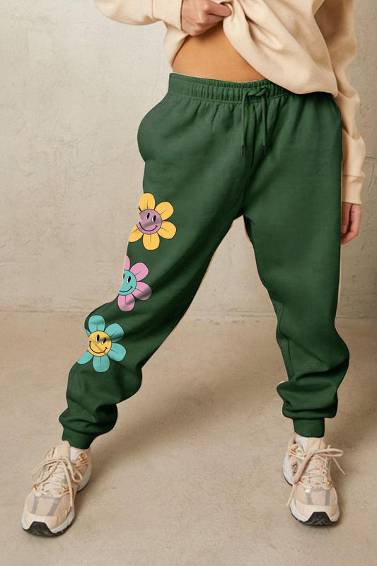 Simply Love Full Size Drawstring Flower Graphic Long Sweatpants BLUE ZONE PLANET