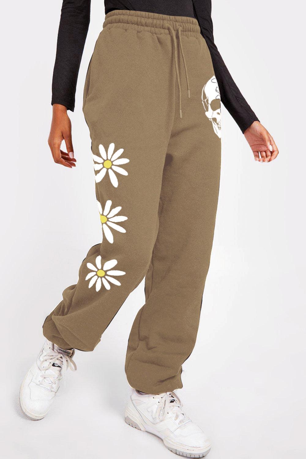 Simply Love Full Size Drawstring Flower & Skull Graphic Long Sweatpants BLUE ZONE PLANET