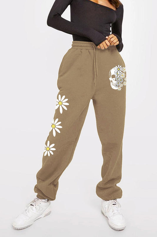 Simply Love Full Size Drawstring Flower & Skull Graphic Long Sweatpants BLUE ZONE PLANET