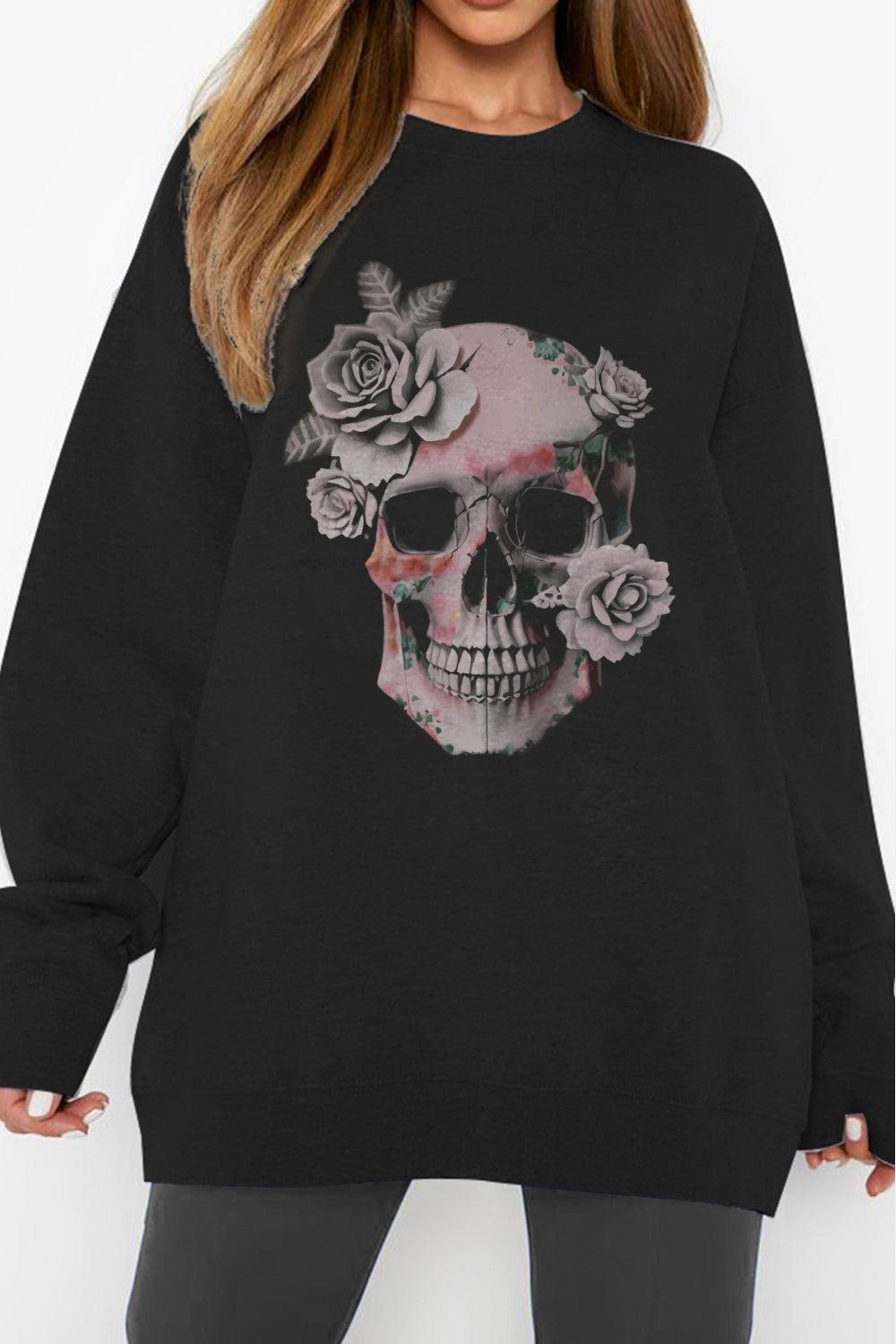 Simply Love Full Size Dropped Shoulder SKULL Graphic Sweatshirt BLUE ZONE PLANET