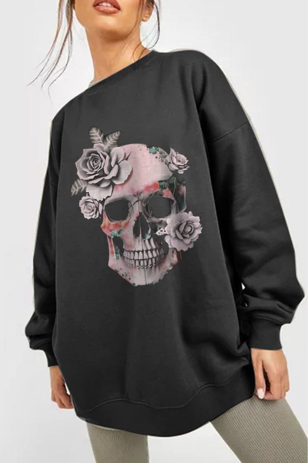 Simply Love Full Size Dropped Shoulder SKULL Graphic Sweatshirt BLUE ZONE PLANET