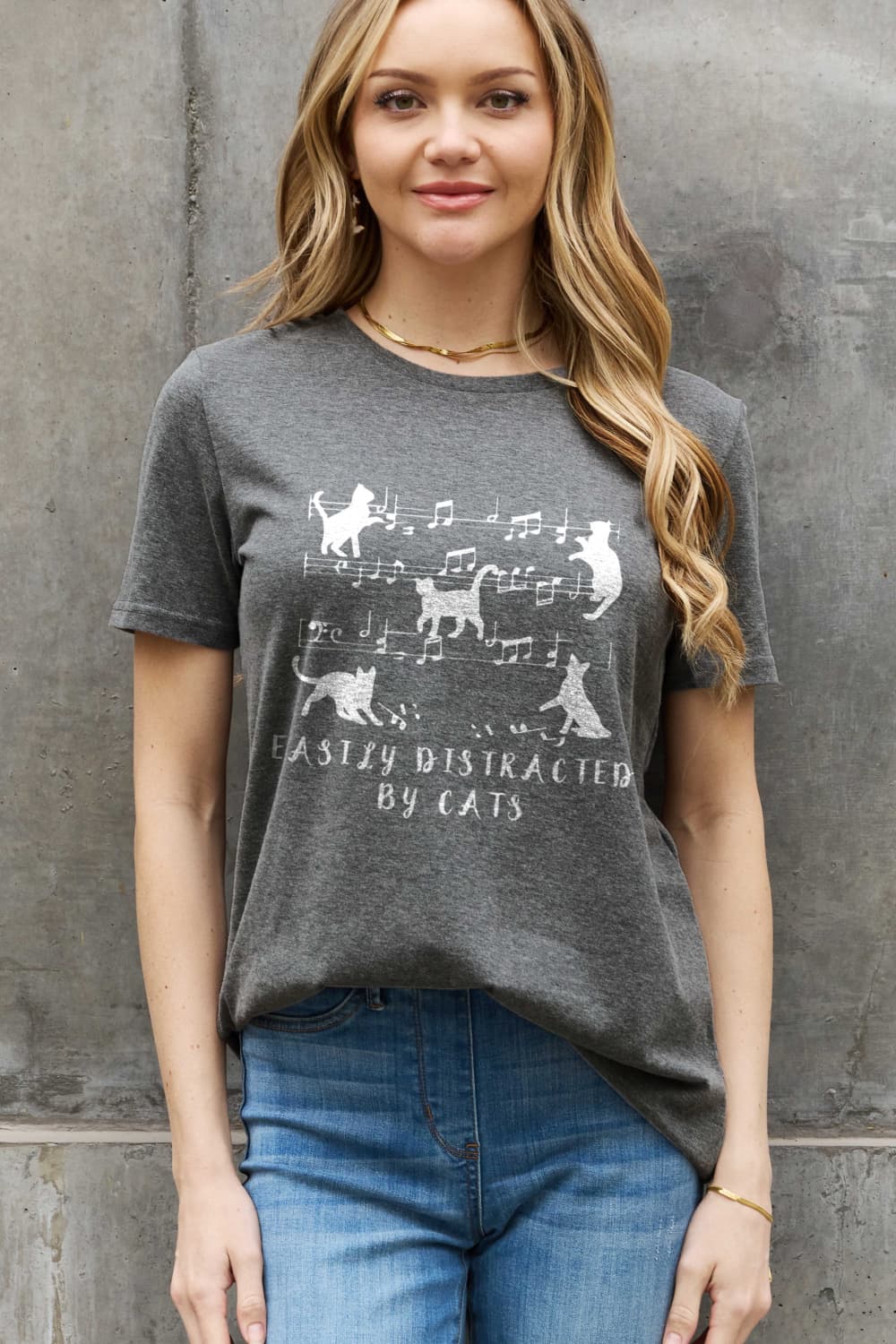 Simply Love Full Size EASILY DISTRACTED BY CATS Graphic Cotton Tee BLUE ZONE PLANET