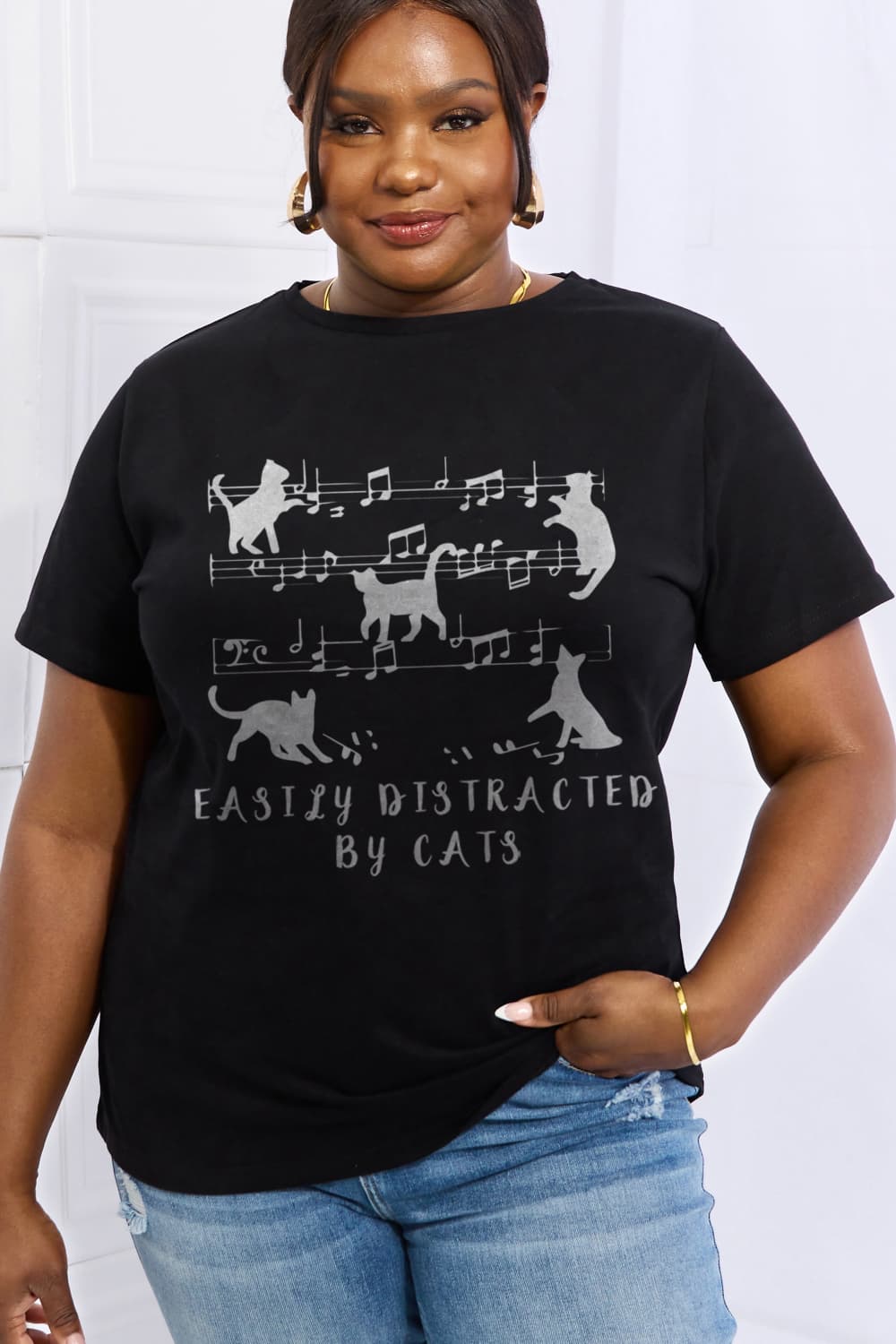 Simply Love Full Size EASILY DISTRACTED BY CATS Graphic Cotton Tee BLUE ZONE PLANET