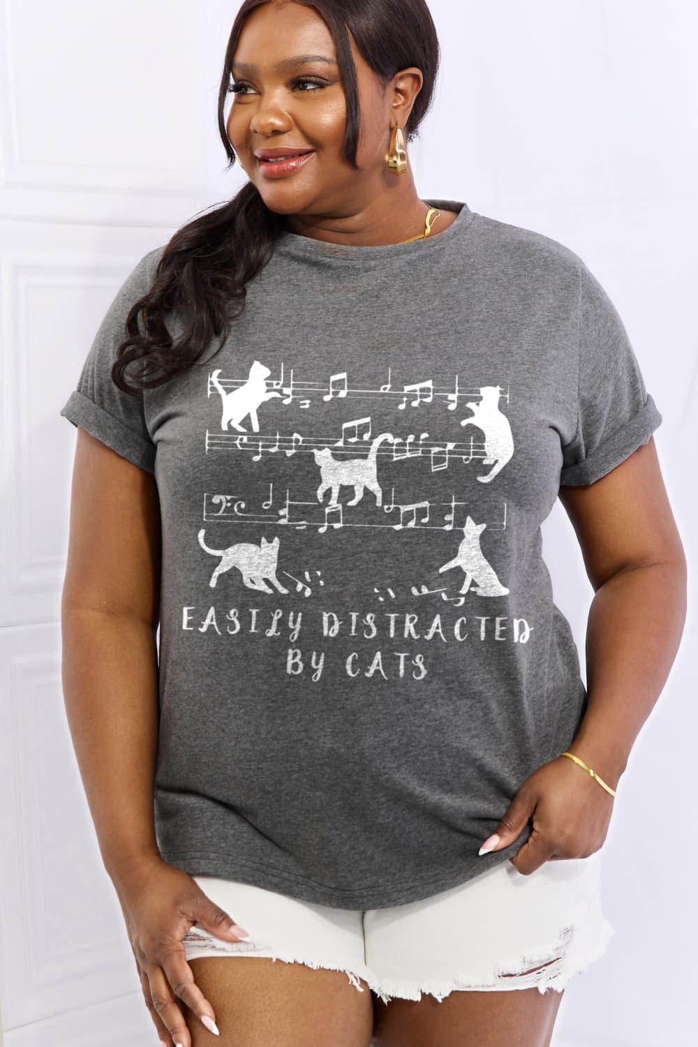 Simply Love Full Size EASILY DISTRACTED BY CATS Graphic Cotton Tee BLUE ZONE PLANET