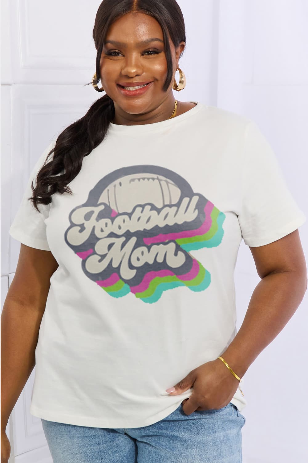 Simply Love Full Size FOOTBALL MOM Graphic Cotton Tee BLUE ZONE PLANET